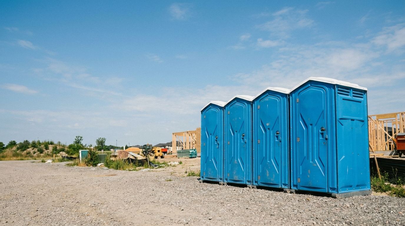 Porta potty rental units lined up at a Tucson, Arizona job site